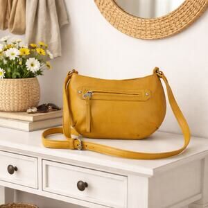 Perlina New York Small Pebbled Leather Crossbody Purse Mustard Yellow Silver HW